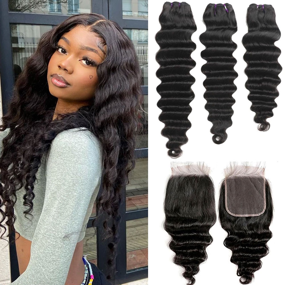 Deep Wave 3 Bundles With Closure - Gevşek Derin Dalgalı Saç Demetleri ve