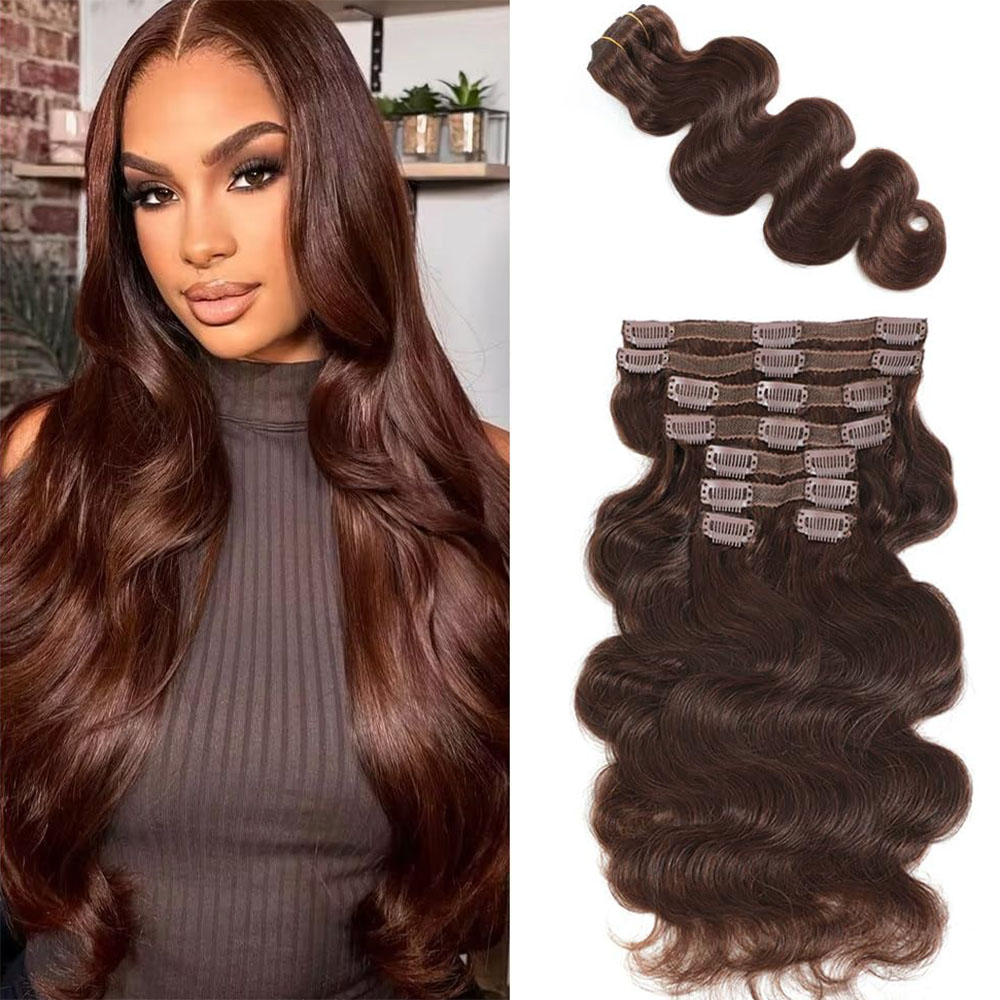 Seamless Clip In Hair Extensions Human Hair - # 4 Çikolata Kahverengi Dalgalı Klipsli